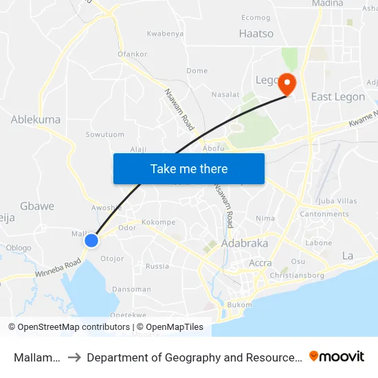Mallam Junction to Department of Geography and Resource Development, University of Ghana map