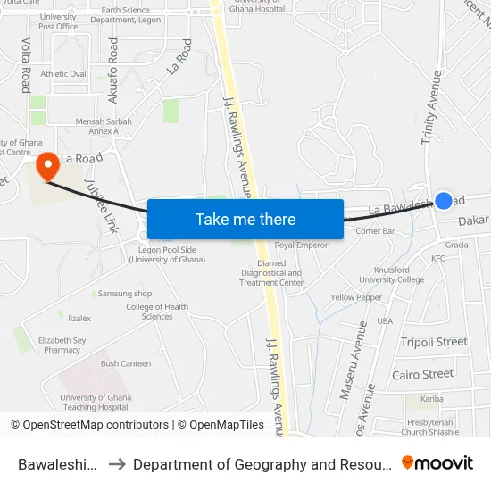 Bawaleshie Traffic Light to Department of Geography and Resource Development, University of Ghana map