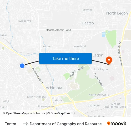 Tantra Reservoir to Department of Geography and Resource Development, University of Ghana map
