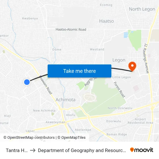 Tantra Hills Estate to Department of Geography and Resource Development, University of Ghana map