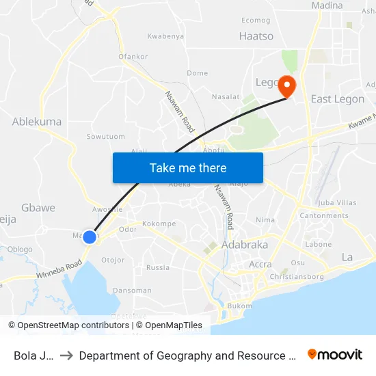 Bola Junction to Department of Geography and Resource Development, University of Ghana map