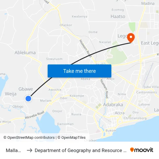 Mallam Gbawe to Department of Geography and Resource Development, University of Ghana map
