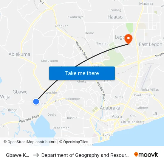 Gbawe Kwatey Road to Department of Geography and Resource Development, University of Ghana map