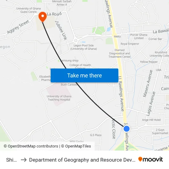 Shiashie to Department of Geography and Resource Development, University of Ghana map