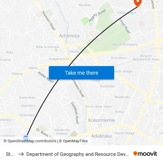 Station to Department of Geography and Resource Development, University of Ghana map
