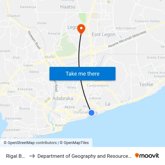 Rigal Bus Stop 2 to Department of Geography and Resource Development, University of Ghana map