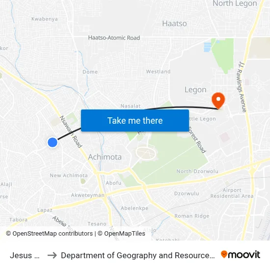 Jesus And Mary to Department of Geography and Resource Development, University of Ghana map