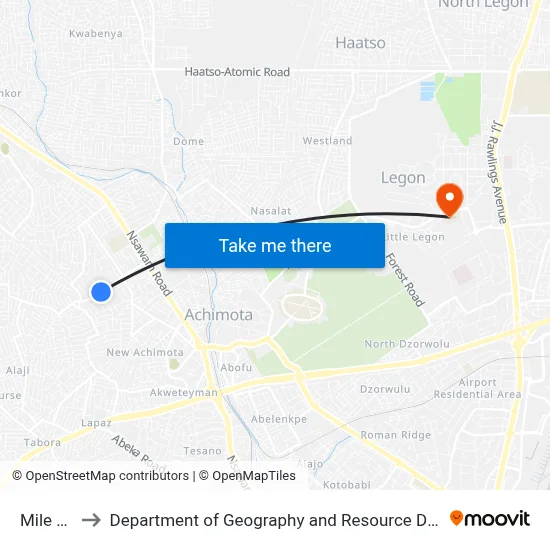 Mile 7 Clinic to Department of Geography and Resource Development, University of Ghana map