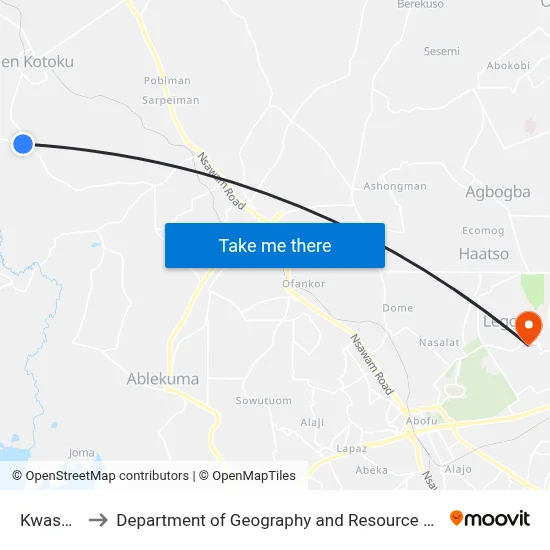 Kwashiekuma to Department of Geography and Resource Development, University of Ghana map