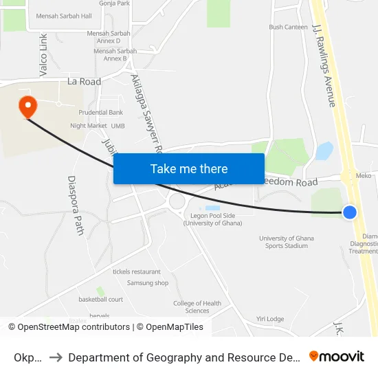 Okponglo to Department of Geography and Resource Development, University of Ghana map