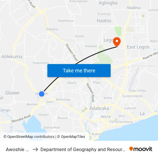Awoshie Amangoase to Department of Geography and Resource Development, University of Ghana map