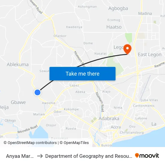 Anyaa Market (Awoshie) to Department of Geography and Resource Development, University of Ghana map