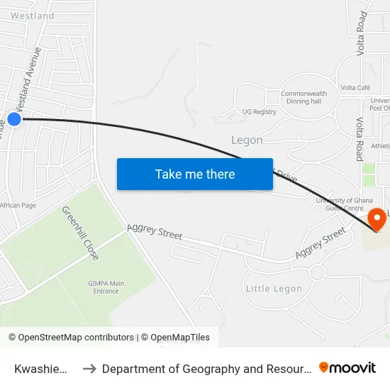 Kwashieman Junction to Department of Geography and Resource Development, University of Ghana map