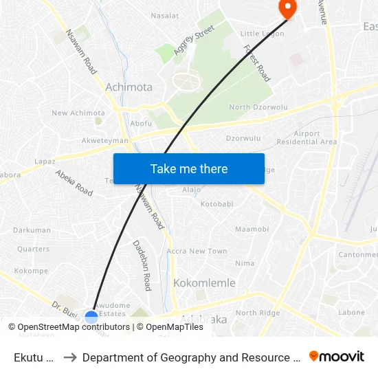 Ekutu Junction to Department of Geography and Resource Development, University of Ghana map