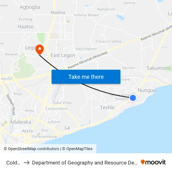 Cold Store to Department of Geography and Resource Development, University of Ghana map
