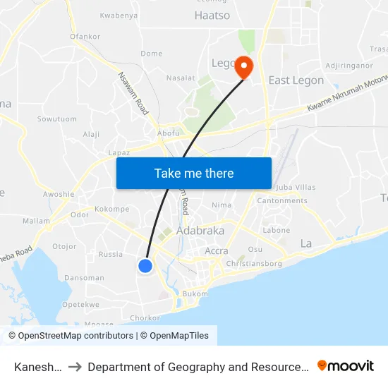 Kaneshie Zongo to Department of Geography and Resource Development, University of Ghana map
