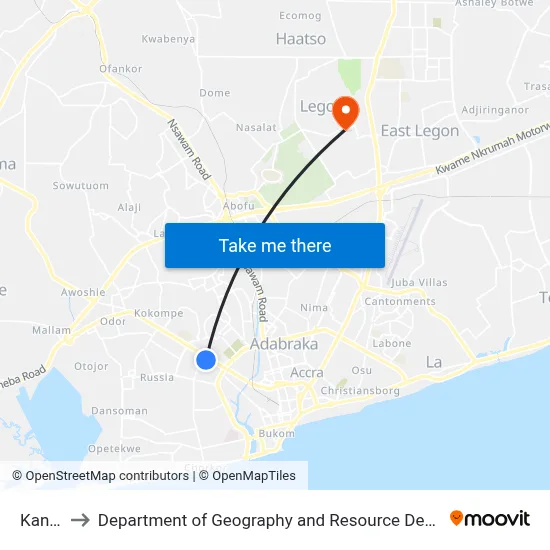 Kaneshie to Department of Geography and Resource Development, University of Ghana map