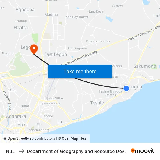 Nungua to Department of Geography and Resource Development, University of Ghana map