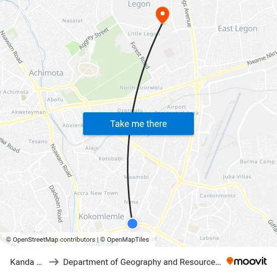 Kanda Overhead to Department of Geography and Resource Development, University of Ghana map
