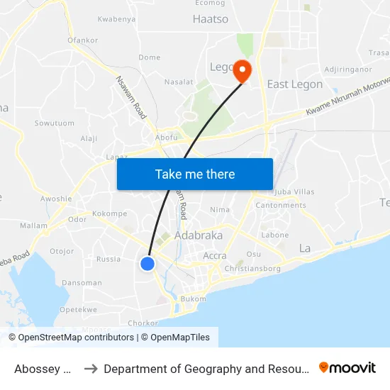 Abossey Okai Junction to Department of Geography and Resource Development, University of Ghana map