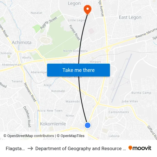 Flagstaff House to Department of Geography and Resource Development, University of Ghana map