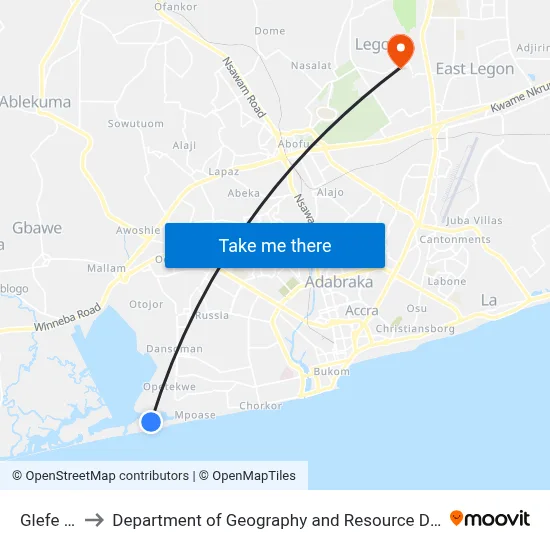 Glefe Station to Department of Geography and Resource Development, University of Ghana map
