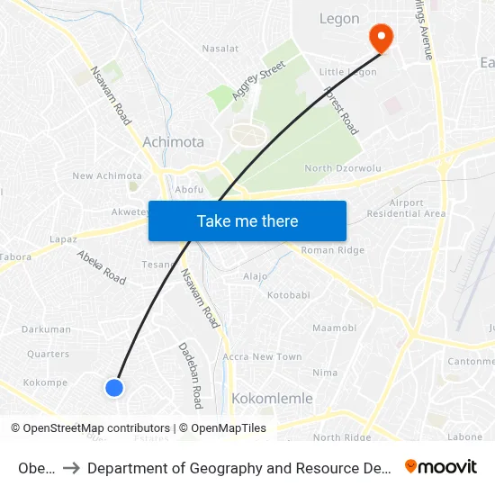 Obeyeyie to Department of Geography and Resource Development, University of Ghana map