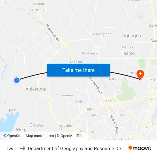 Twibleoo to Department of Geography and Resource Development, University of Ghana map