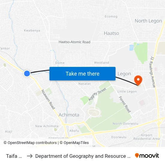 Taifa Junction to Department of Geography and Resource Development, University of Ghana map