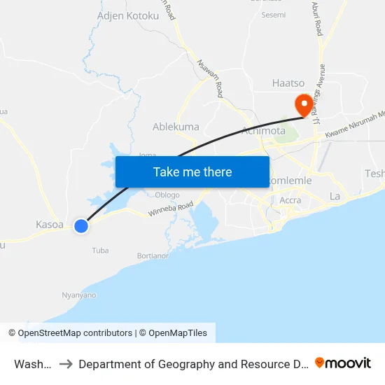 Washing Bay to Department of Geography and Resource Development, University of Ghana map