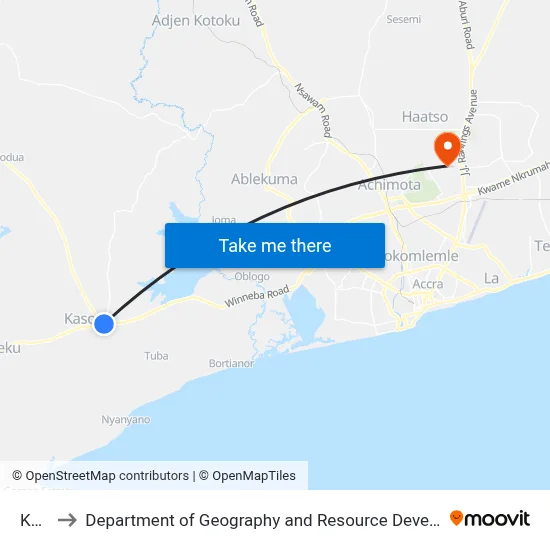 Kasoa to Department of Geography and Resource Development, University of Ghana map