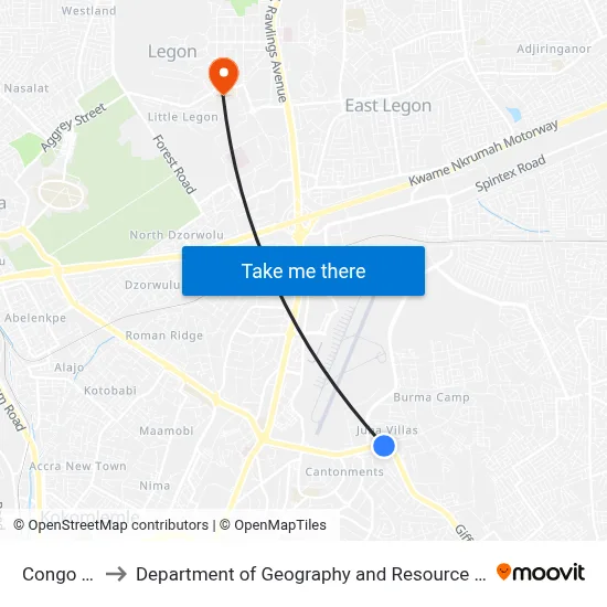 Congo Junction to Department of Geography and Resource Development, University of Ghana map