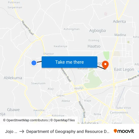 Jojo Water to Department of Geography and Resource Development, University of Ghana map