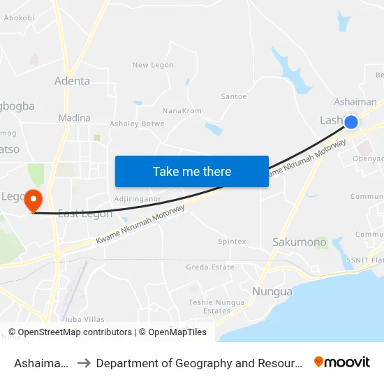 Ashaiman Last Stop to Department of Geography and Resource Development, University of Ghana map