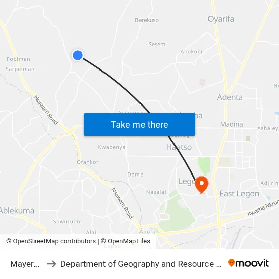 Mayera/Adusa to Department of Geography and Resource Development, University of Ghana map