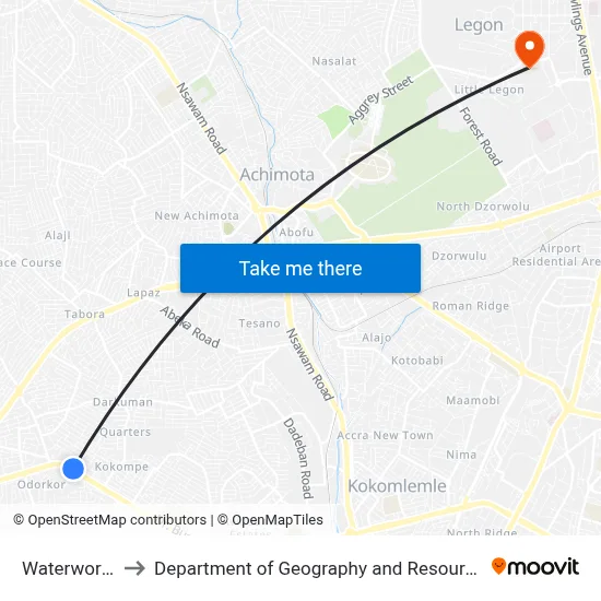 Waterworks Junction to Department of Geography and Resource Development, University of Ghana map