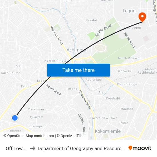 Off Town Junction to Department of Geography and Resource Development, University of Ghana map