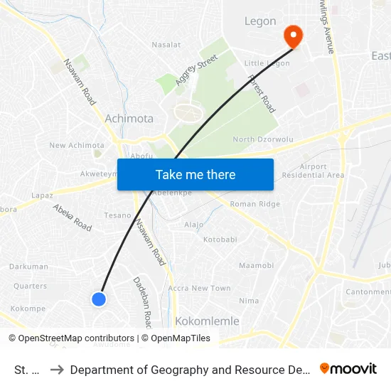 St. Johns to Department of Geography and Resource Development, University of Ghana map