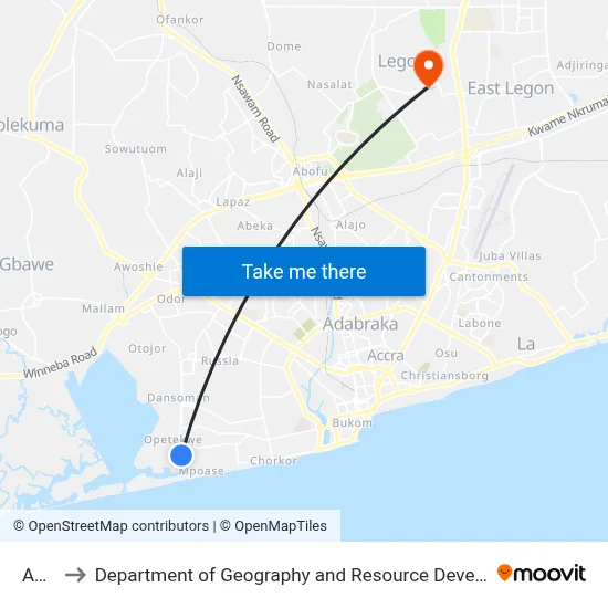 Agege to Department of Geography and Resource Development, University of Ghana map