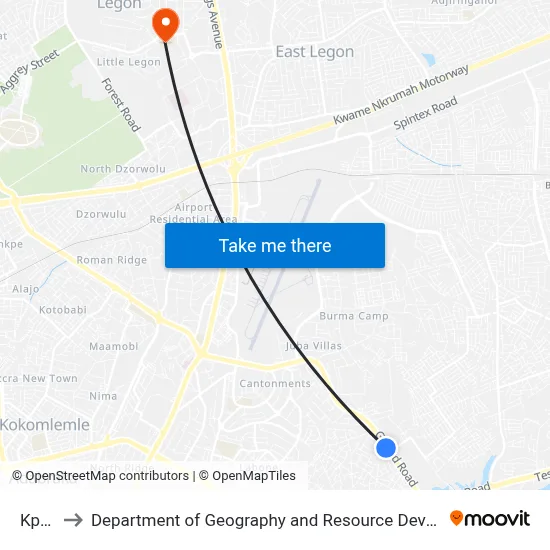 Kpogas to Department of Geography and Resource Development, University of Ghana map