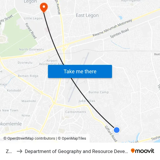 Zenith to Department of Geography and Resource Development, University of Ghana map