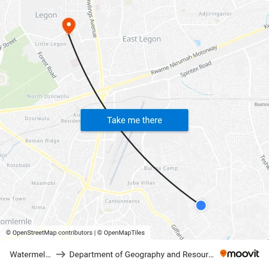 Watermelon Junction to Department of Geography and Resource Development, University of Ghana map
