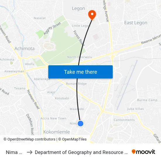 Nima Junction to Department of Geography and Resource Development, University of Ghana map