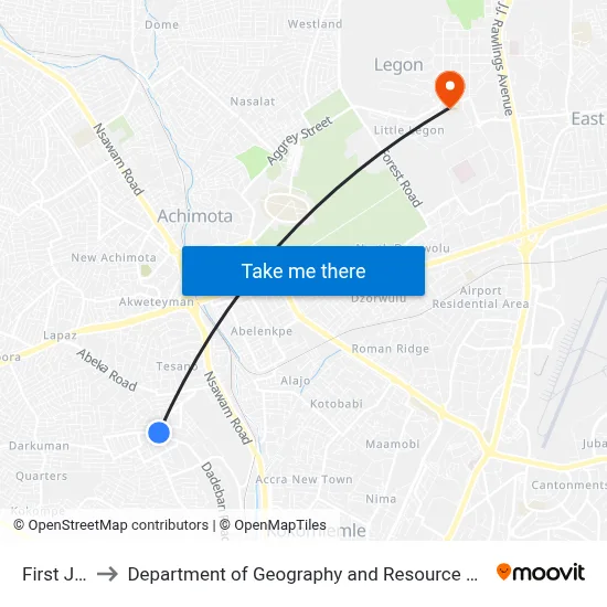 First Junction to Department of Geography and Resource Development, University of Ghana map