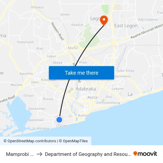 Mamprobi Police Station to Department of Geography and Resource Development, University of Ghana map