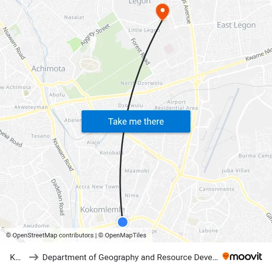 Kanda to Department of Geography and Resource Development, University of Ghana map
