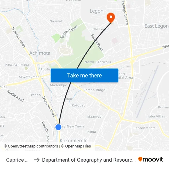 Caprice Taxi Station to Department of Geography and Resource Development, University of Ghana map