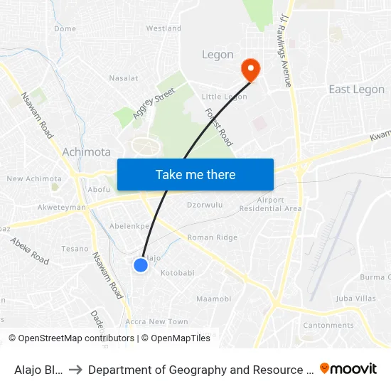 Alajo Blue Kiosk to Department of Geography and Resource Development, University of Ghana map