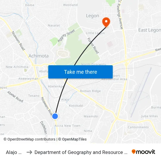 Alajo Junction to Department of Geography and Resource Development, University of Ghana map
