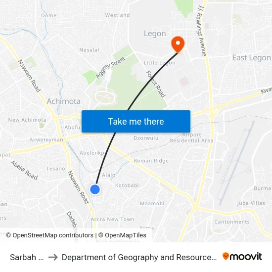 Sarbah Junction to Department of Geography and Resource Development, University of Ghana map